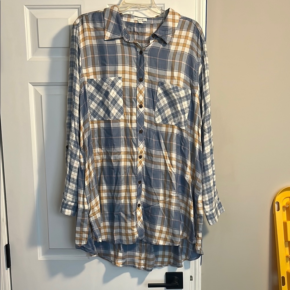 Blue and Tan Plaid Button-Up Shirt